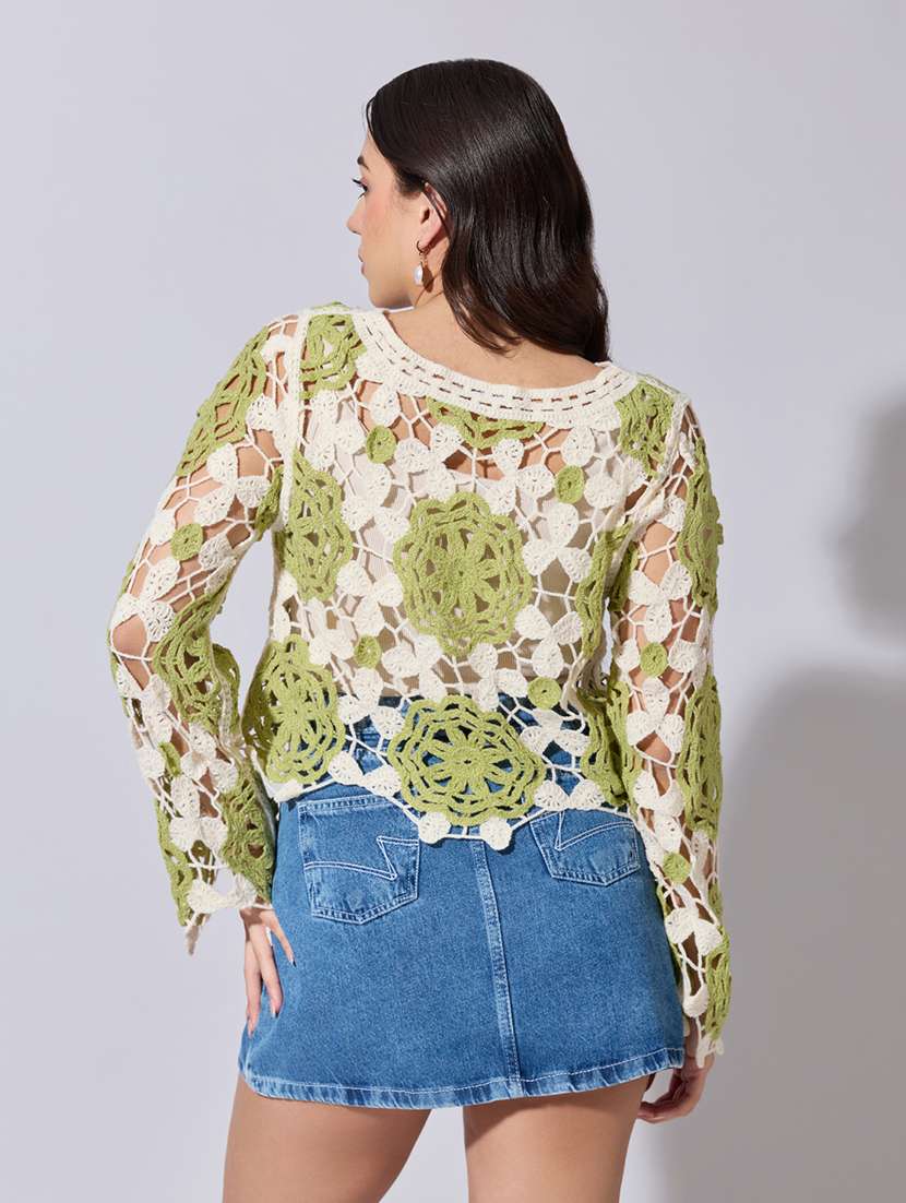 women self designed sheer crochet crop top - 22363449 -  Standard Image - 4