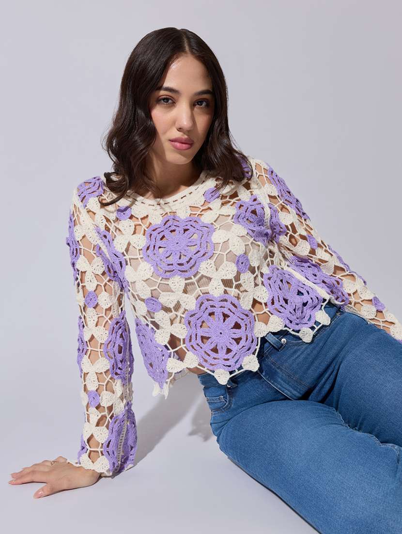 women self designed sheer crochet crop top - 22363450 -  Standard Image - 1