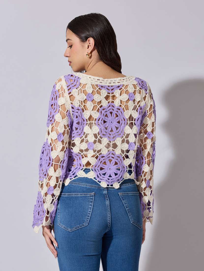 women self designed sheer crochet crop top - 22363450 -  Standard Image - 4