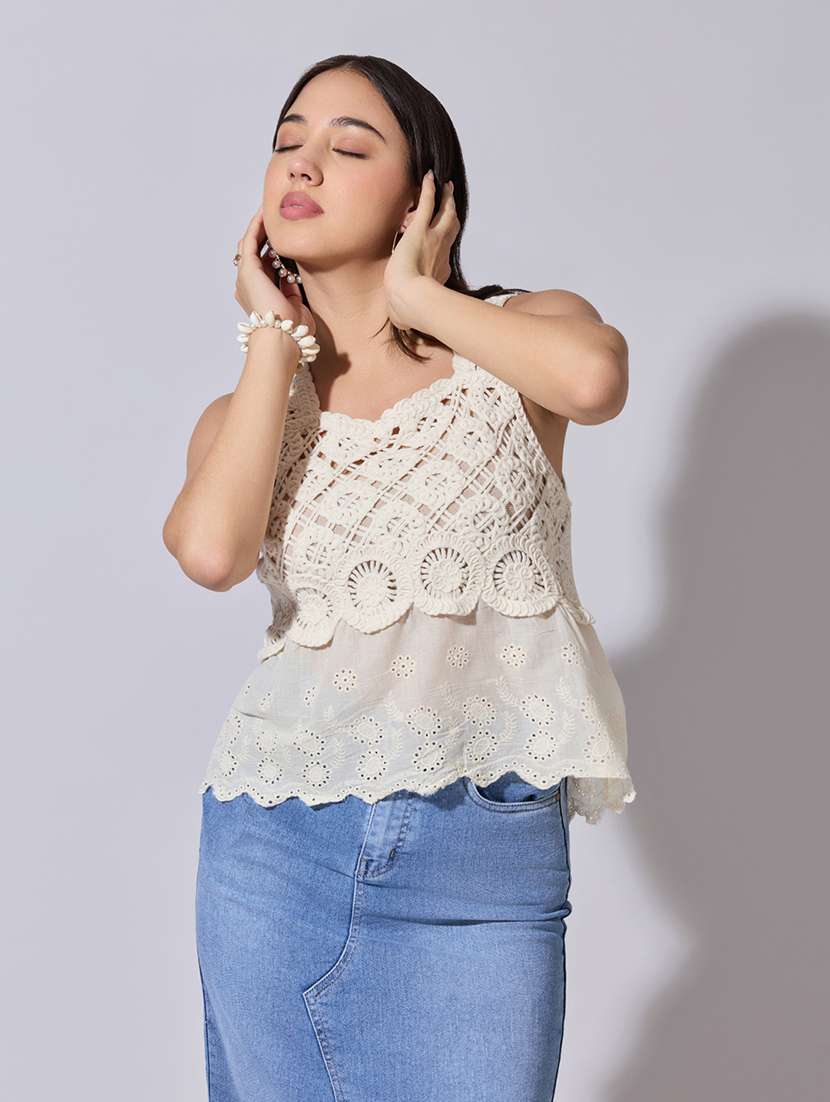 women self designed sheer crochet top - 22363452 -  Standard Image - 1
