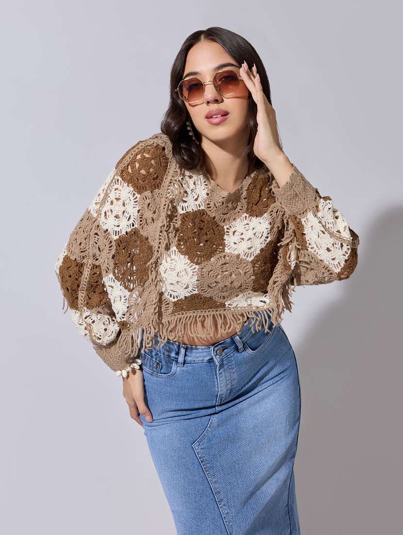 women self designed sheer crochet top
