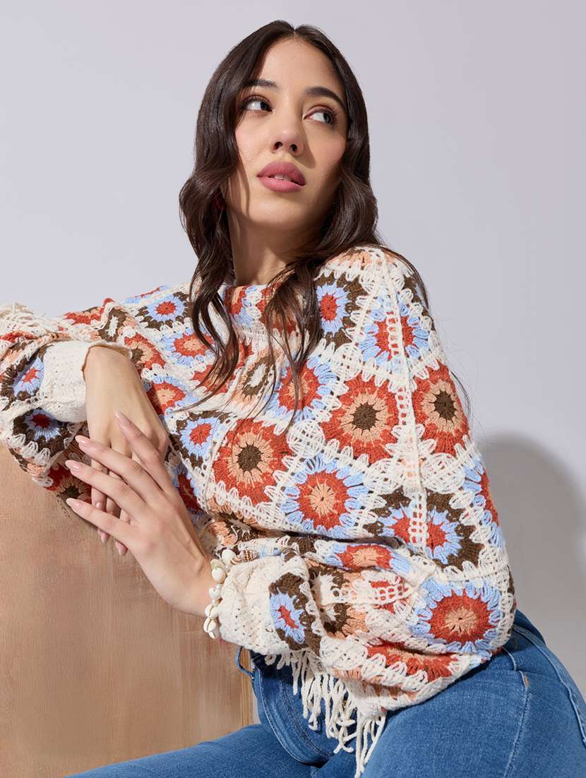 women self designed sheer crochet crop top