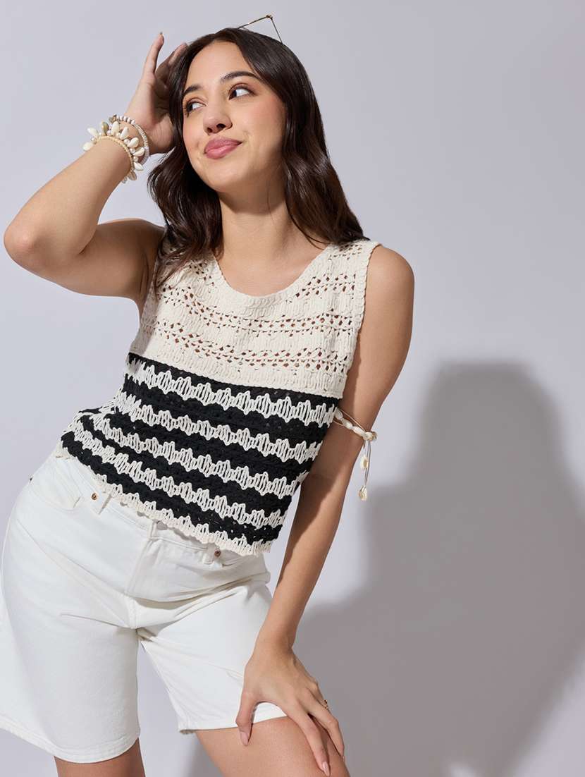 women self designed sheer crochet crop top