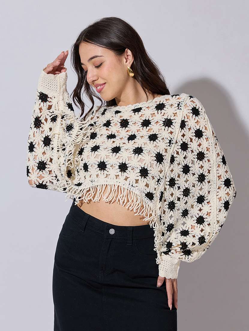 women self designed sheer crochet crop top - 22363469 -  Standard Image - 1