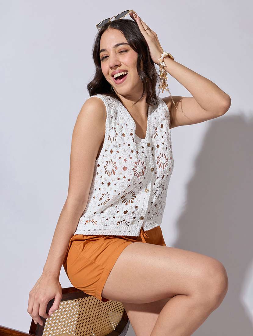 women self designed sheer crochet top