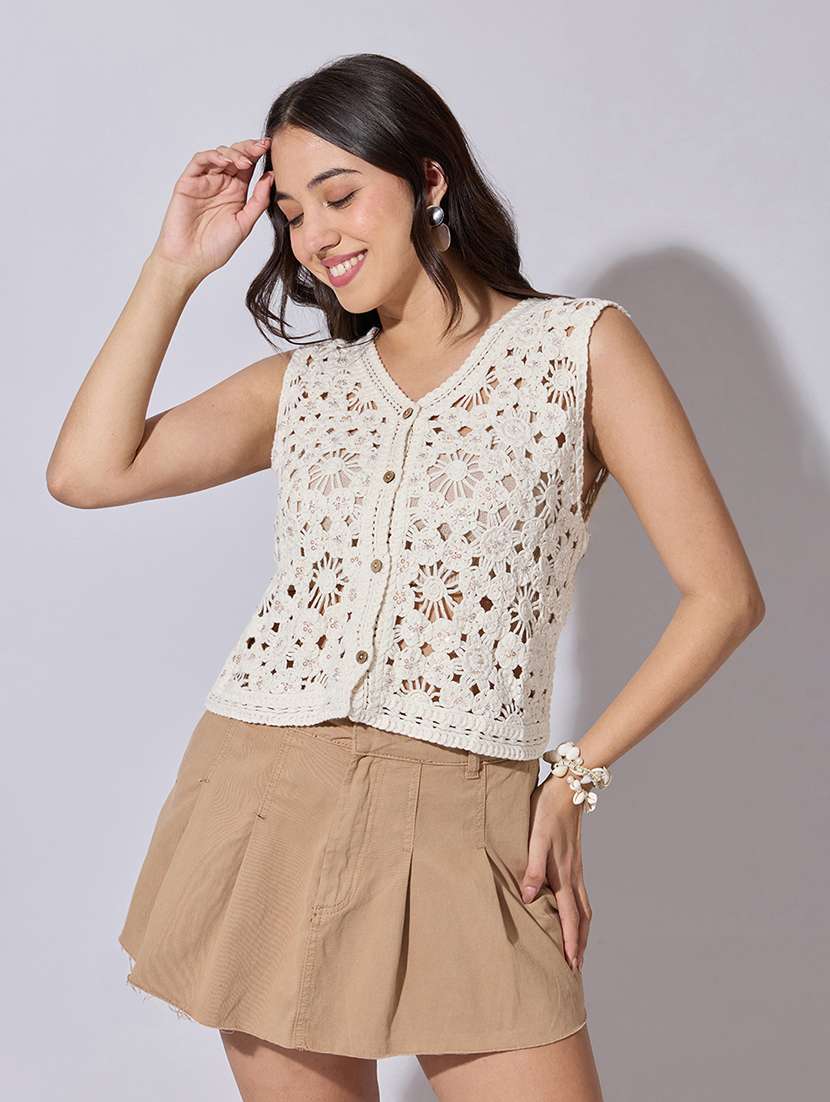 women self designed sheer crochet top - 22363477 -  Standard Image - 1