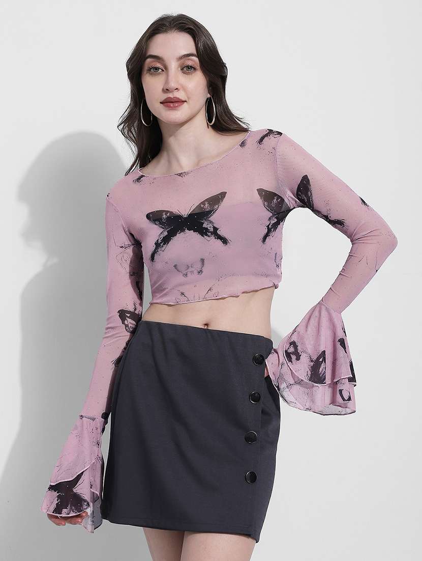 women printed bell sleeve crop top - 22363480 -  Standard Image - 1