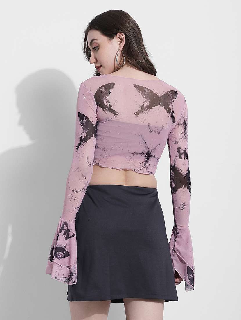 women printed bell sleeve crop top - 22363480 -  Standard Image - 4
