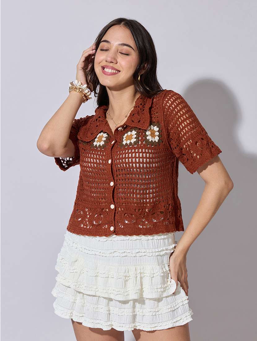 women self designed sheer crochet top - 22363481 -  Standard Image - 1