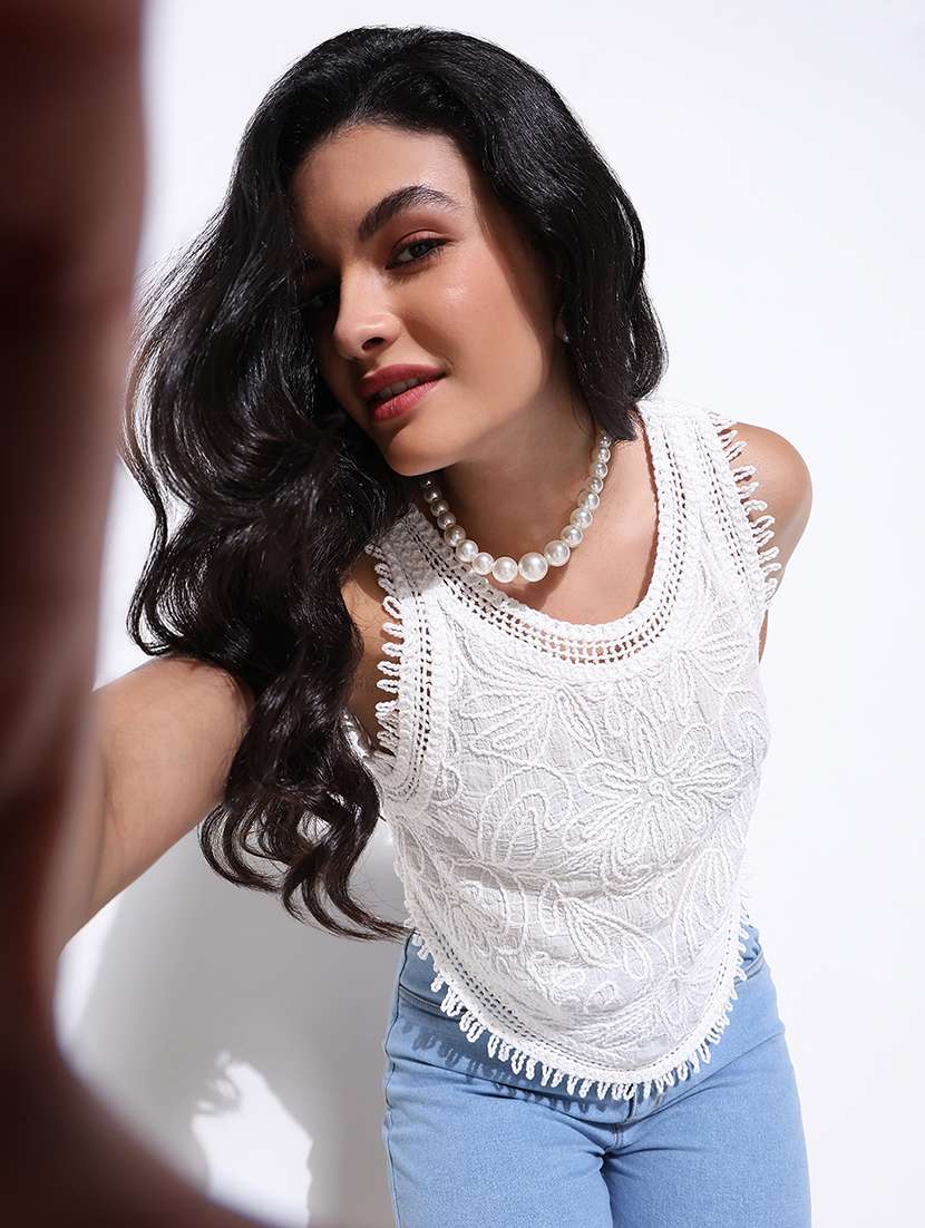 women self designed sheer crochet top