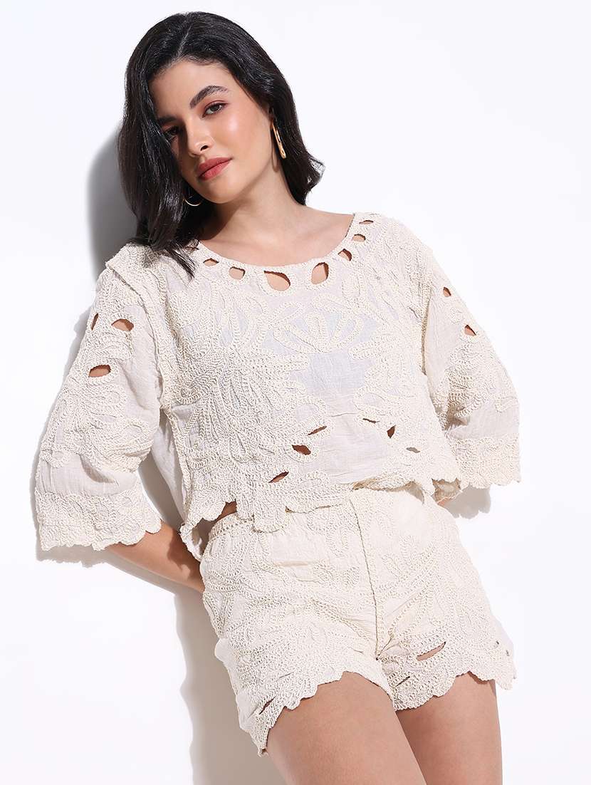 women self designed sheer crochet top