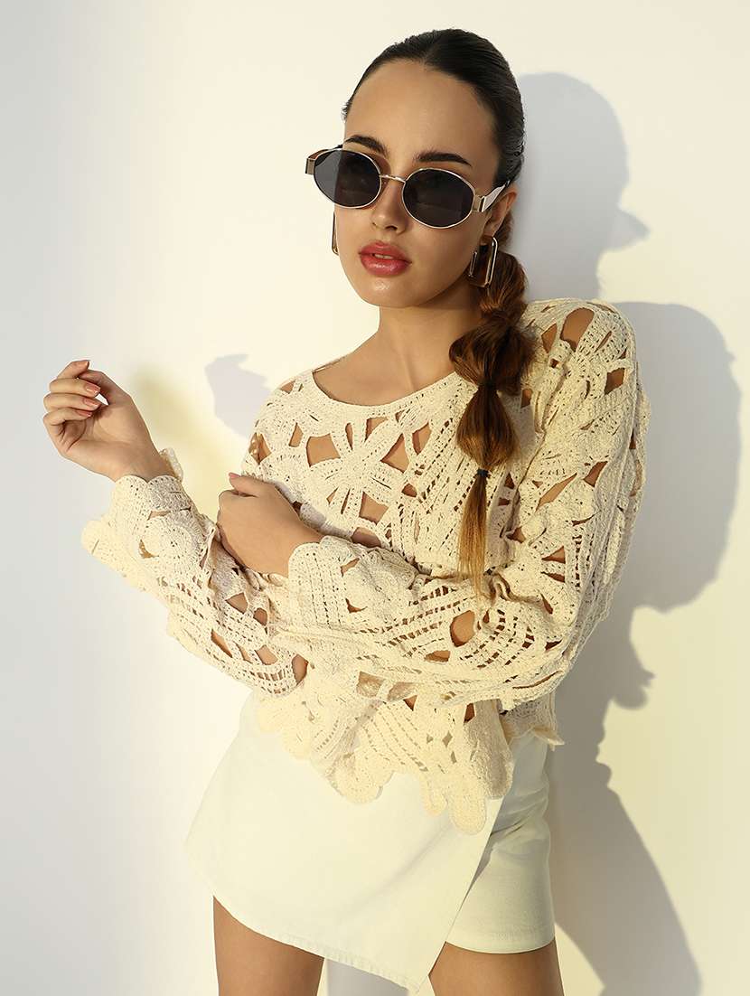 women self designed sheer crochet top