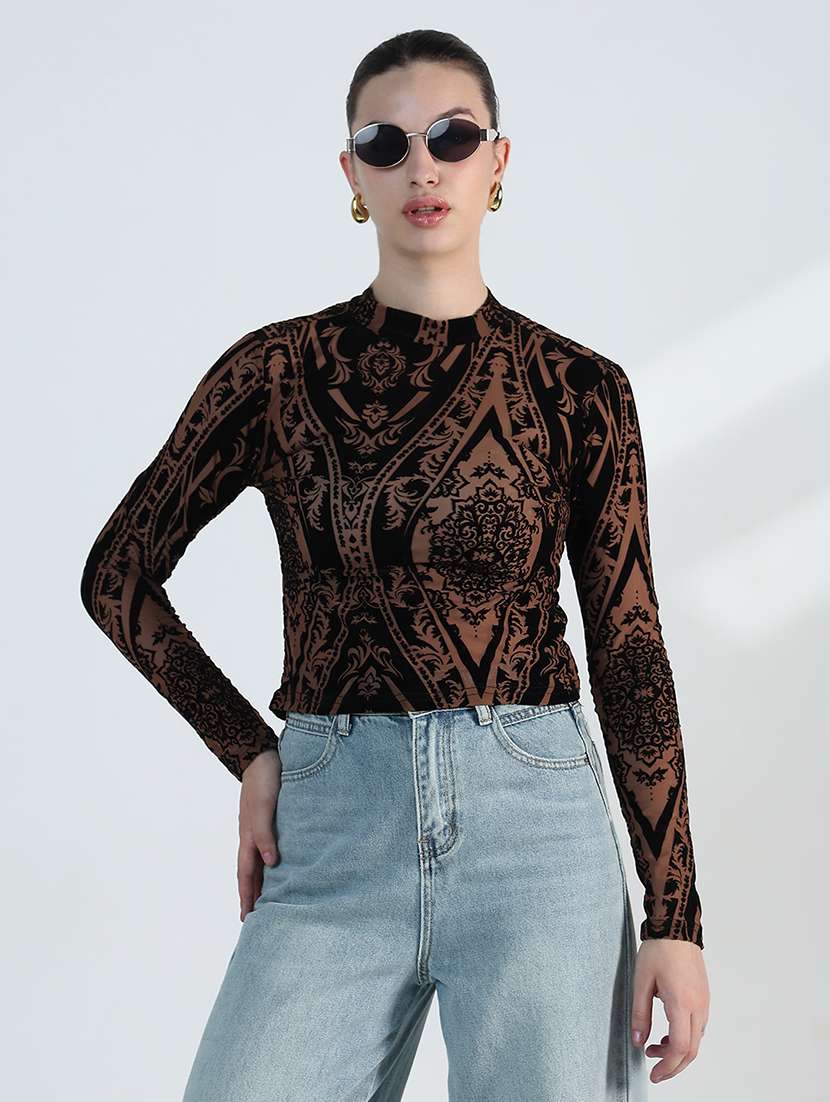 Women Self Designed Long Sleeve Crop Top - 22363490 -  Standard Image - 1