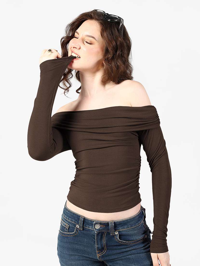 women solid off shoulder long sleeve top