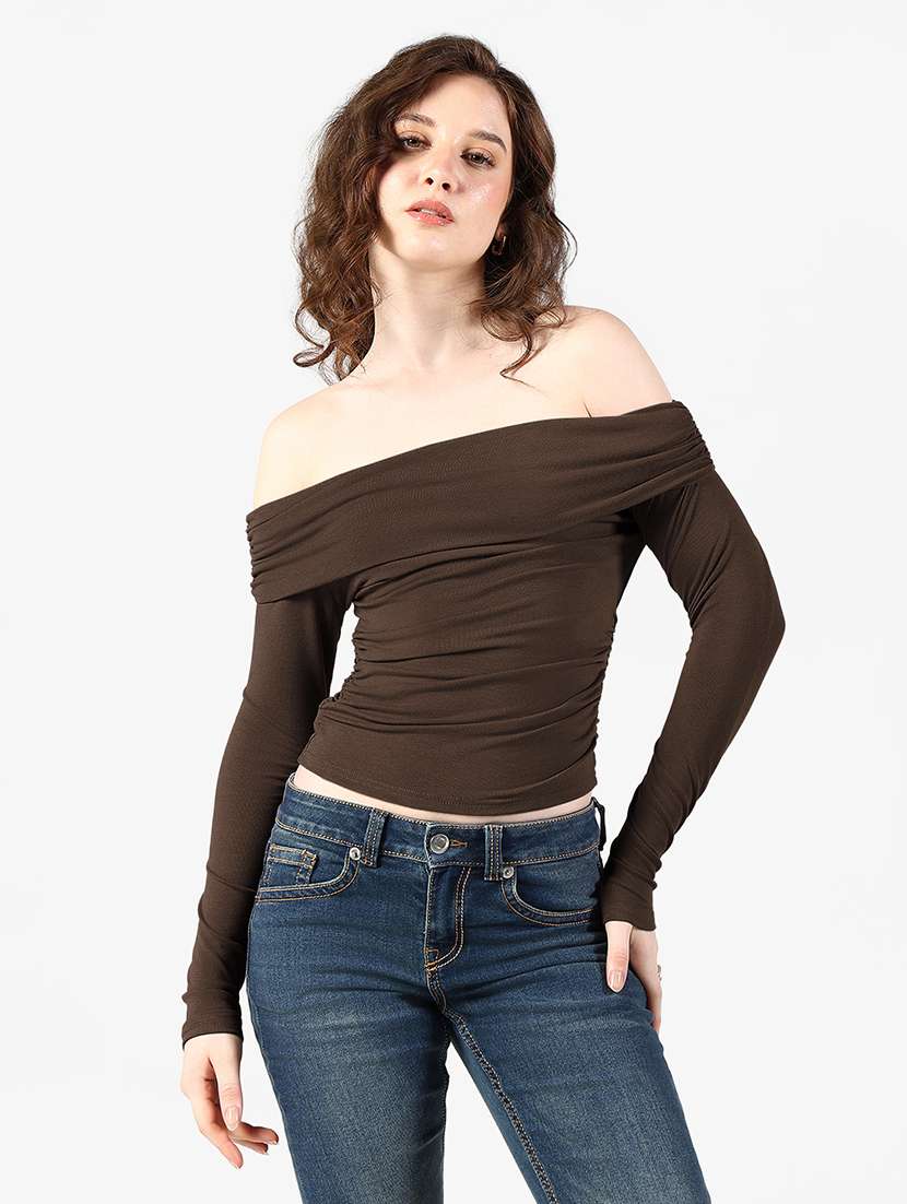 women solid off shoulder long sleeve top - 22363494 -  Standard Image - 1