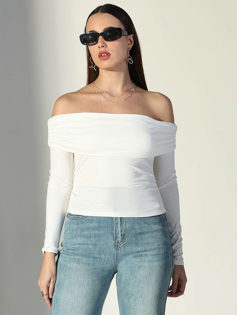 women solid off shoulder long sleeve top - 22363495 -  Standard Image - 1