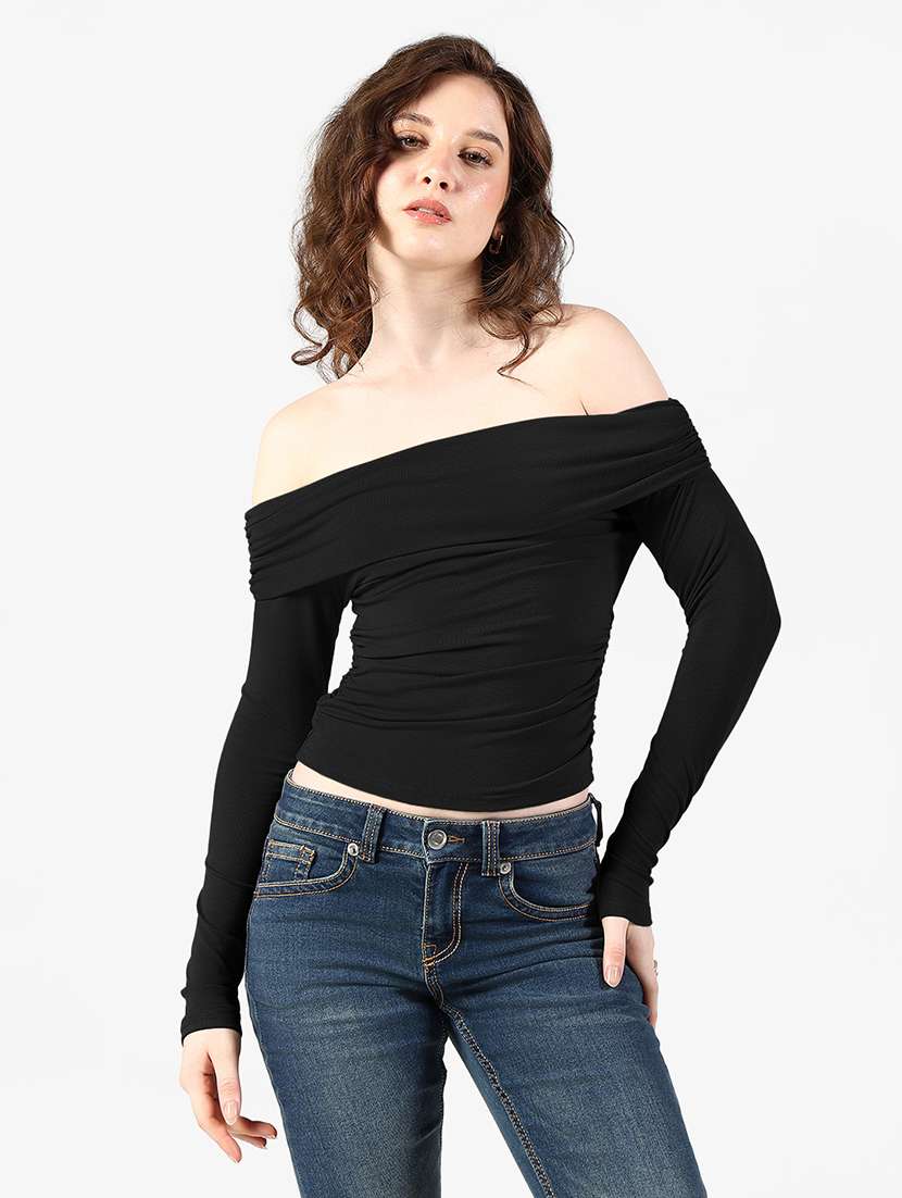 women solid off shoulder long sleeve top - 22363496 -  Standard Image - 1