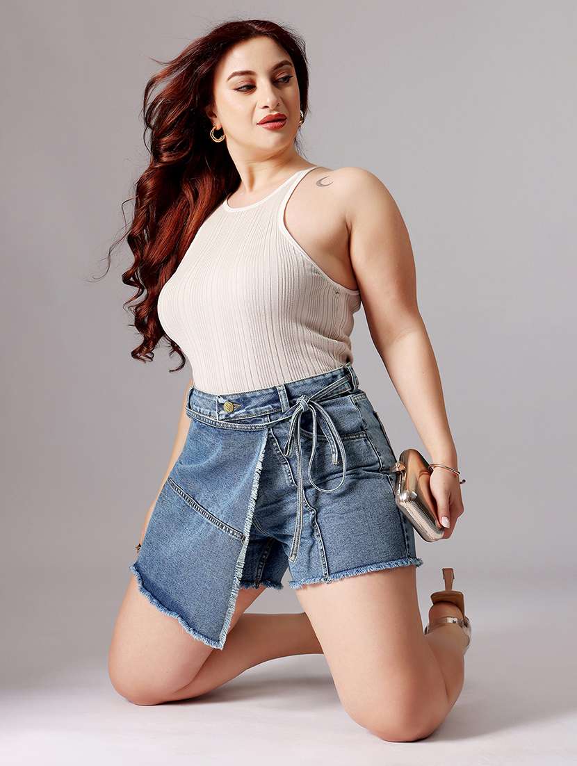 women plus size solid high rise denim skorts - 22363506 -  Standard Image - 4