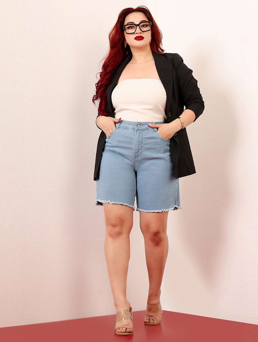 women plus size solid high rise denim shorts - 22363509 -  Standard Image - 4