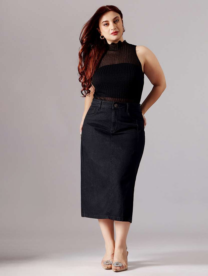 women solid high rise denim straight skirt - 22363539 -  Standard Image - 4