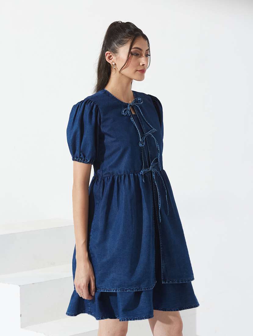 women solid puff sleeve denim tiered dress - 22363548 -  Standard Image - 1