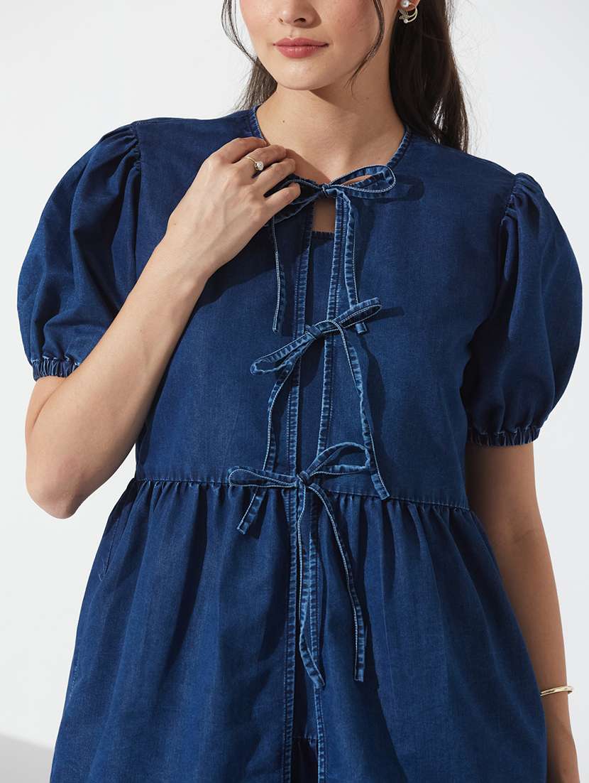 women solid puff sleeve denim tiered dress - 22363548 -  Standard Image - 4