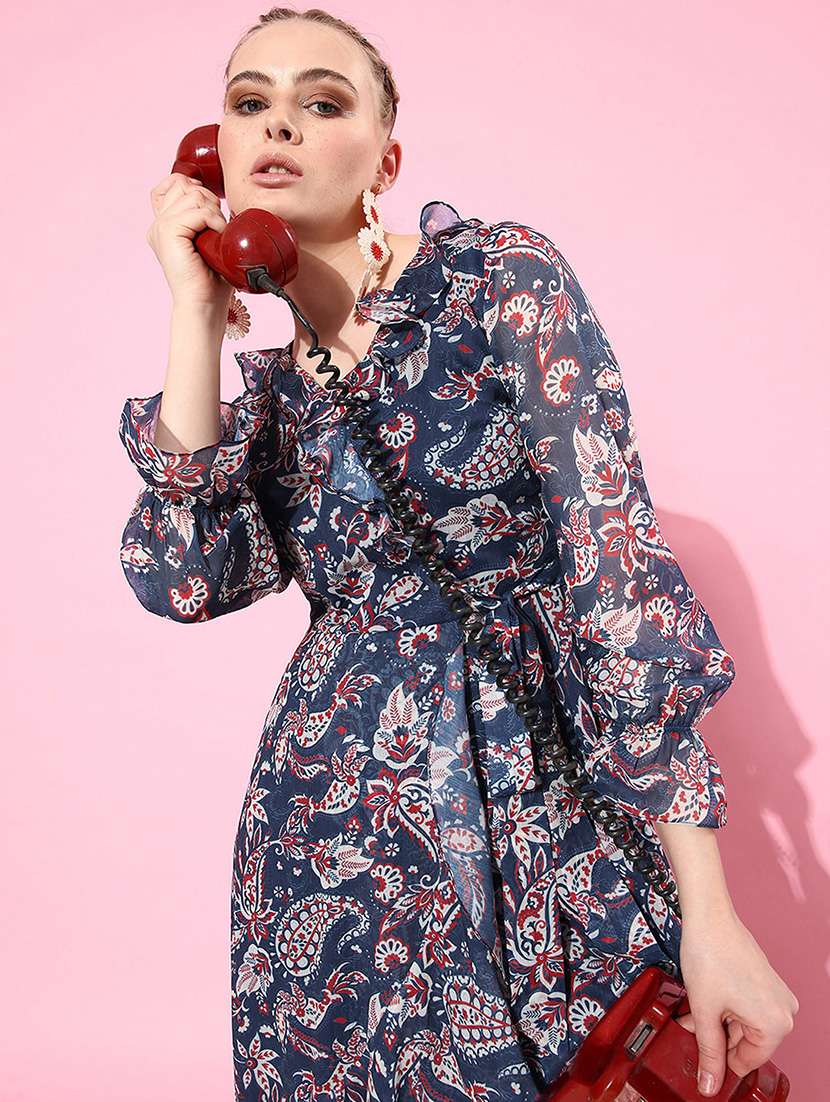 women printed puff sleeve wrap dress