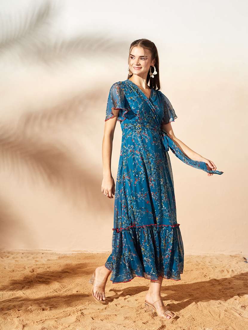 women floral print flared sleeve tiered dress