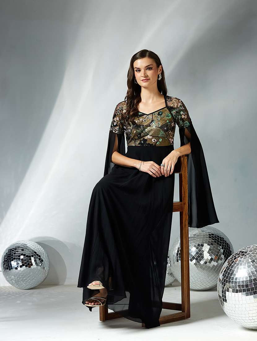 women embellished cape sleeve fit & flare dress - 22363660 -  Standard Image - 4