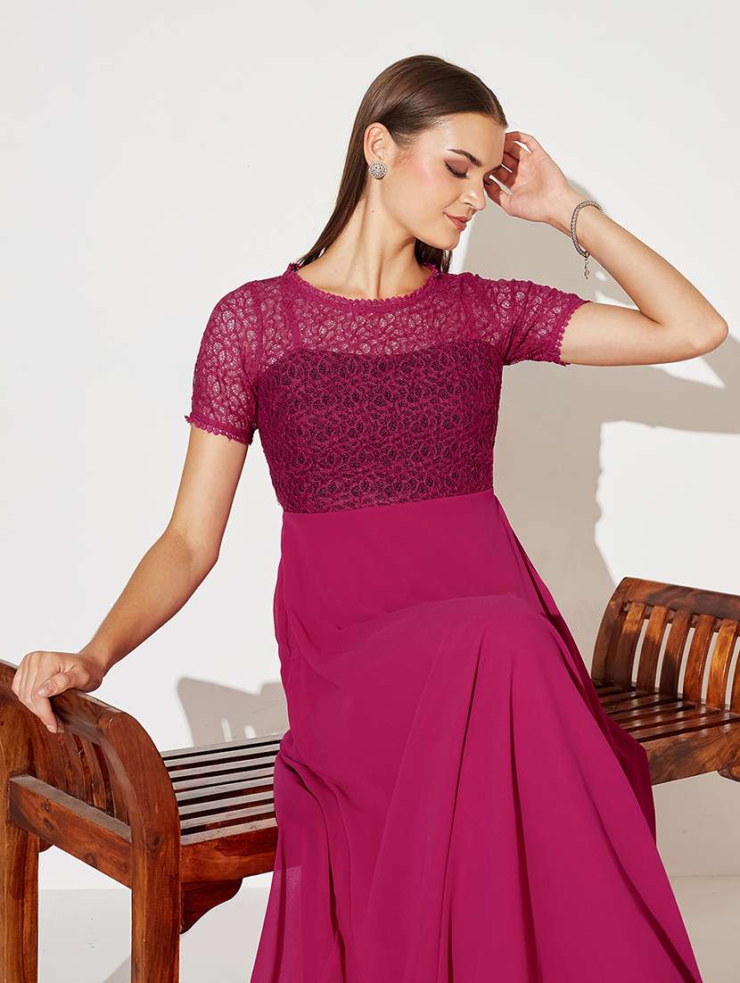 women solid short sleeve lace fit & flare dress - 22363685 -  Standard Image - 1