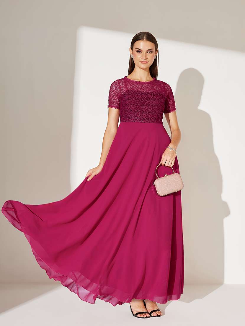 women solid short sleeve lace fit & flare dress - 22363685 -  Standard Image - 4