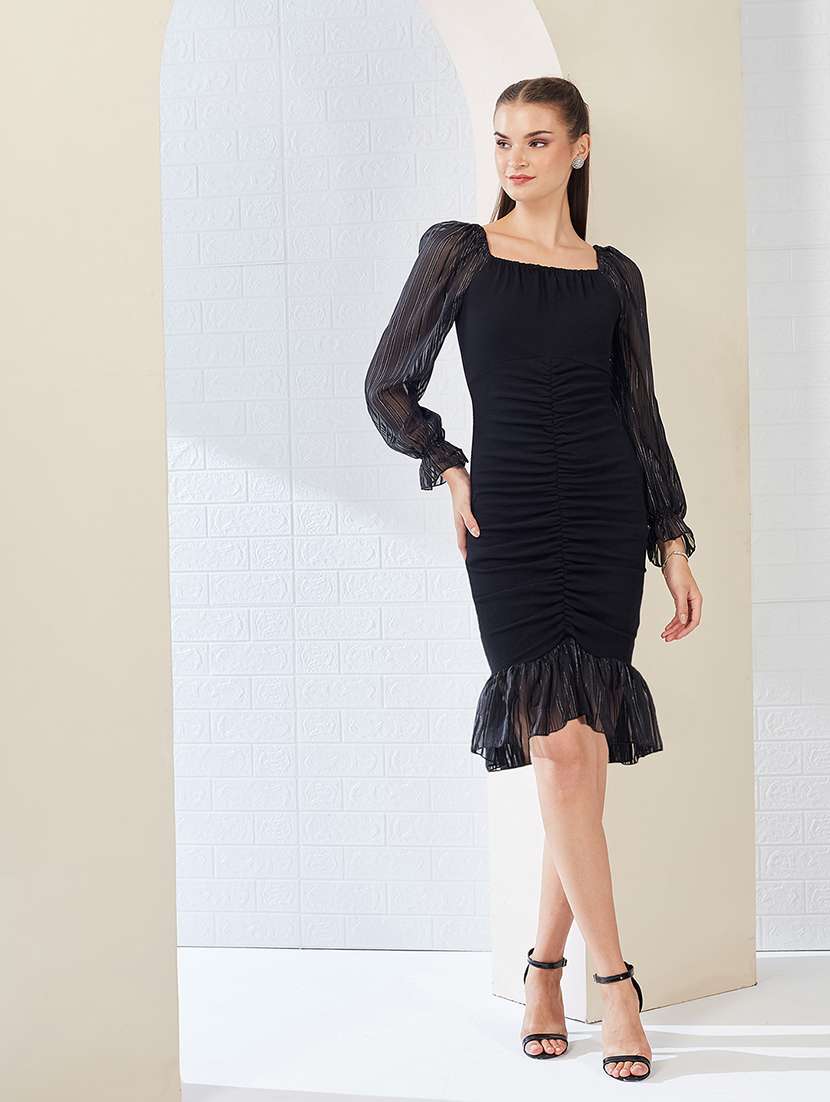 women solid puff sleeve bodycon dress