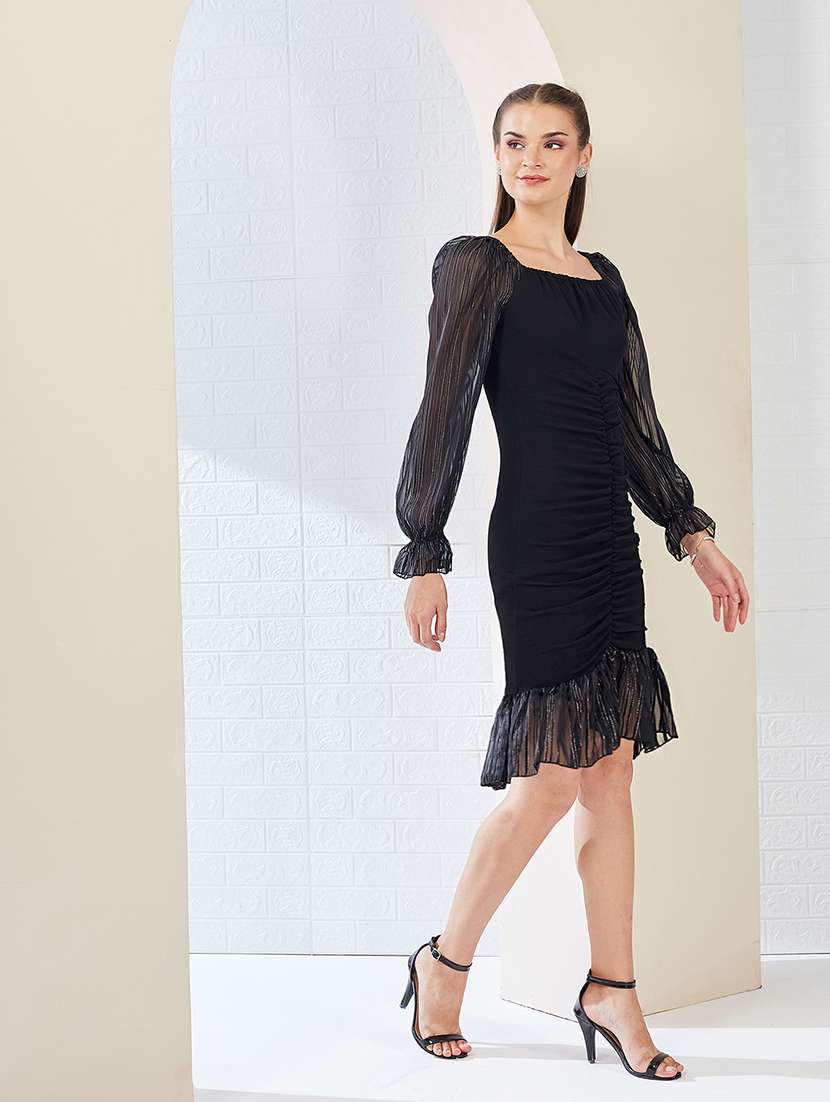 women solid puff sleeve bodycon dress - 22363689 -  Standard Image - 1