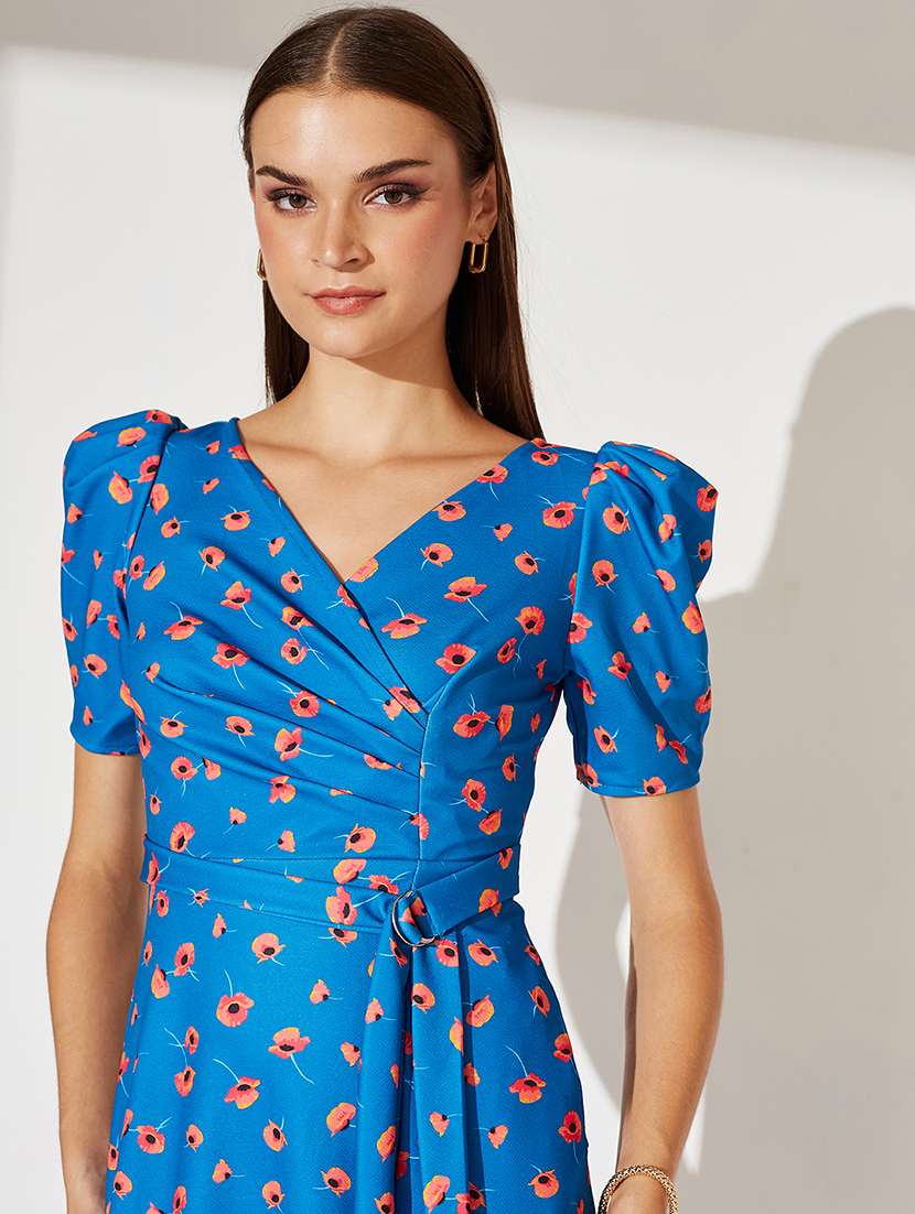 women foral print puff sleeve wrap dress - 22363690 -  Standard Image - 1