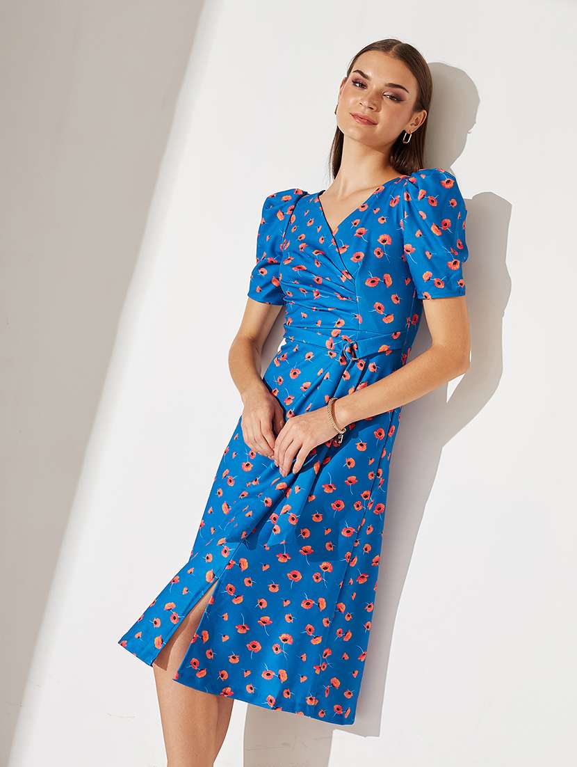 women foral print puff sleeve wrap dress - 22363690 -  Standard Image - 4