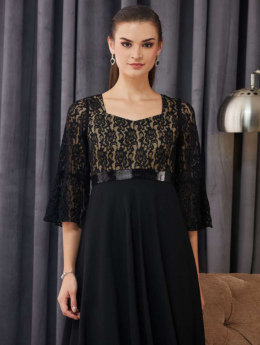 women solid bell sleeve lace fit & flare dress - 22363701 -  Standard Image - 1