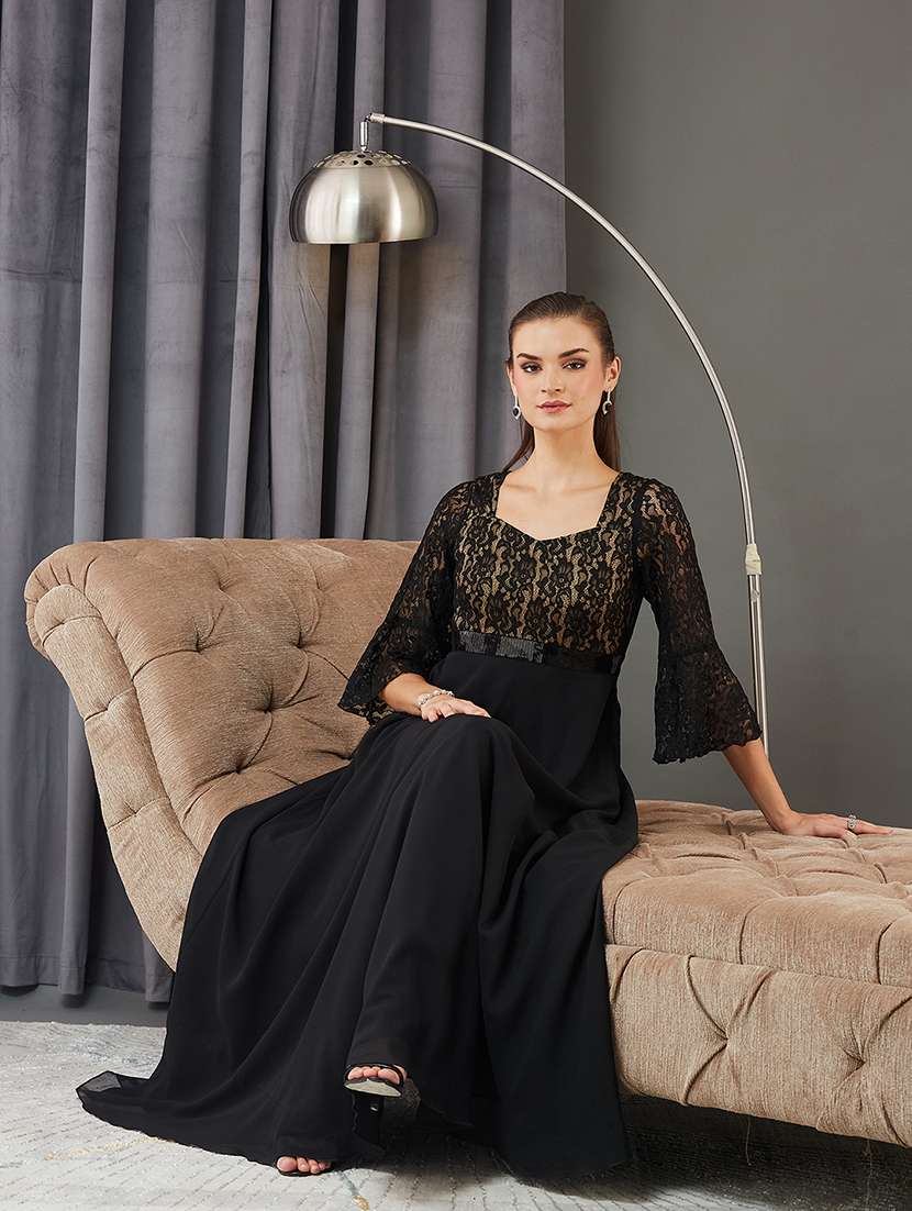 women solid bell sleeve lace fit & flare dress - 22363701 -  Standard Image - 4