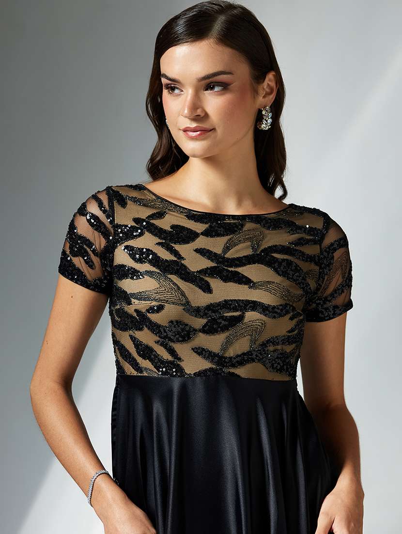 women sequined short sleeve fit & flare dress - 22363751 -  Standard Image - 1