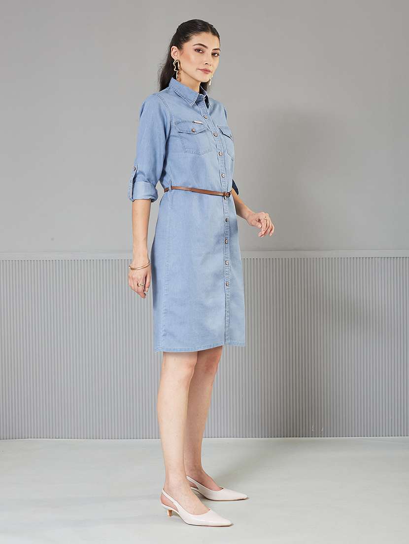 women solid roll-up sleeve denim shirt dress - 22363785 -  Standard Image - 1