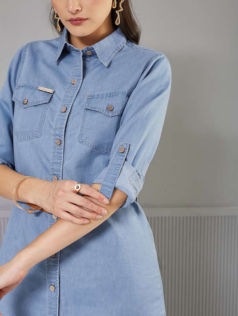women solid roll-up sleeve denim shirt dress - 22363785 -  Standard Image - 4