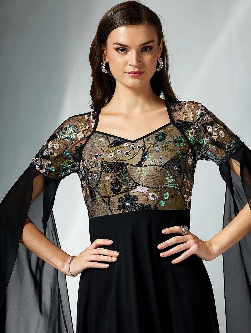 women embroidered cape sleeve fit & flare dress - 22363787 -  Standard Image - 1