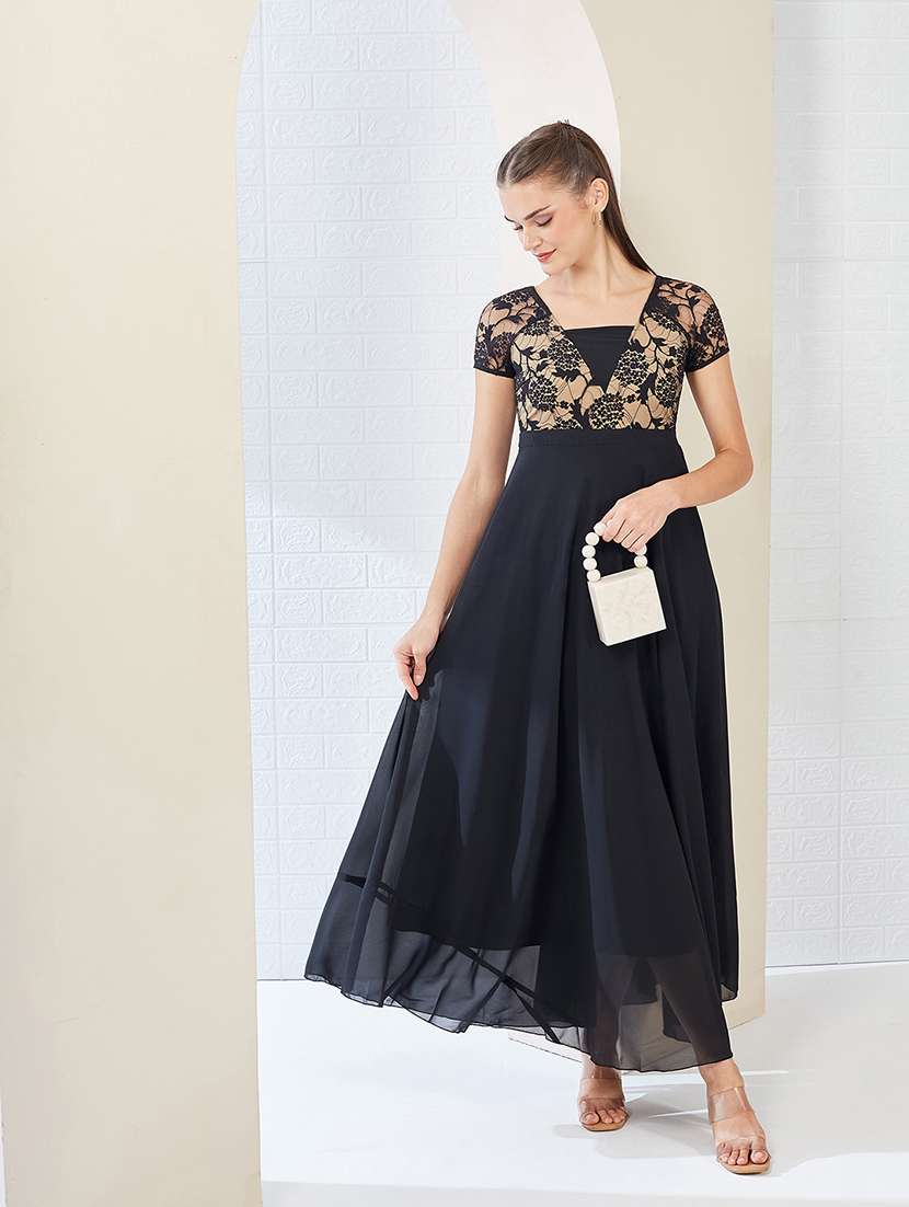 women solid short sleeve lace fit & flare dress