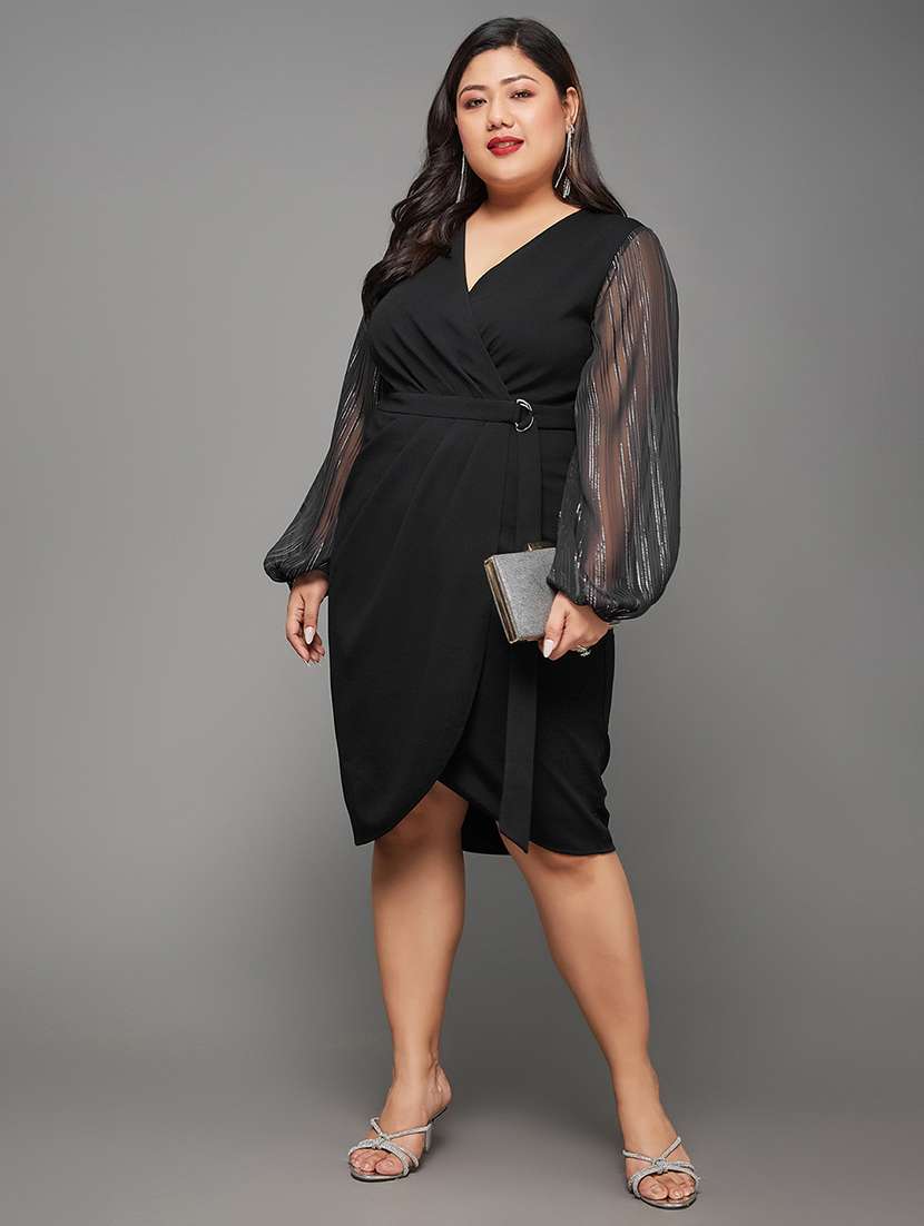 women plus size solid puff sleeve dress