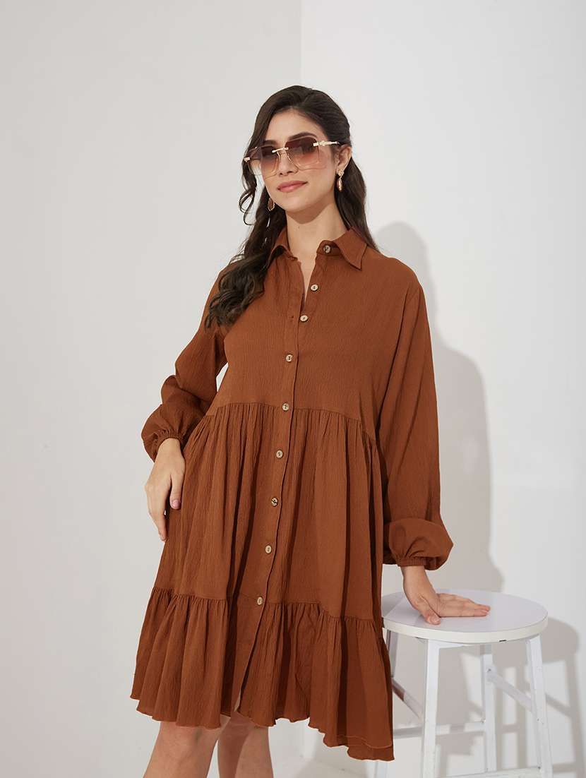 women solid collared long sleeve tiered dress - 22363829 -  Standard Image - 1