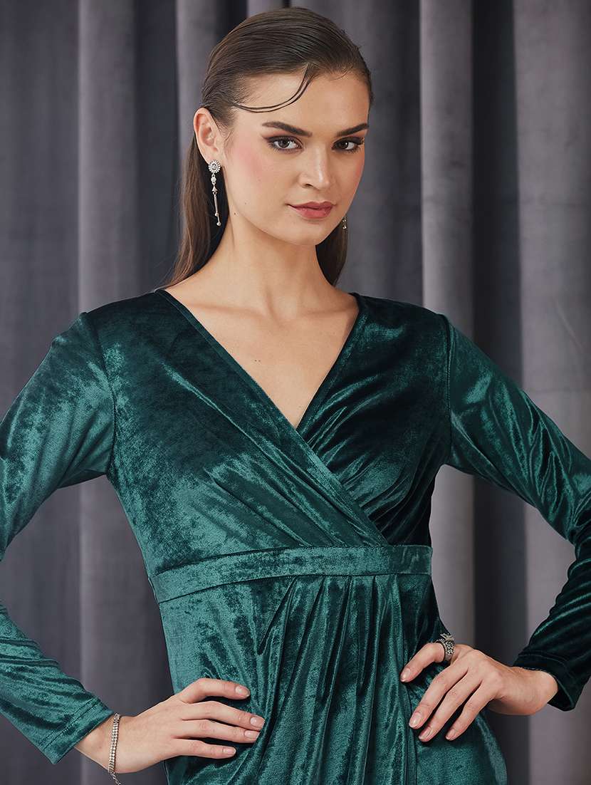 women solid long sleeve velvet wrap dress - 22363840 -  Standard Image - 1