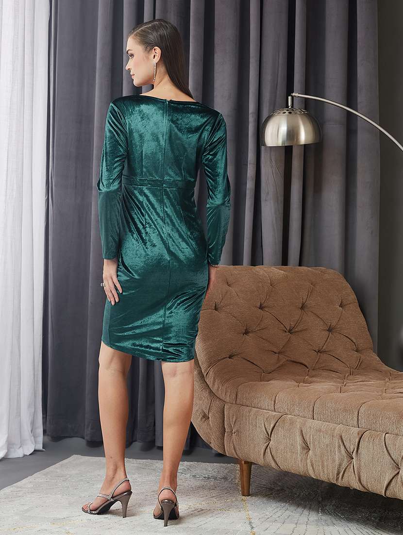 women solid long sleeve velvet wrap dress - 22363840 -  Standard Image - 4