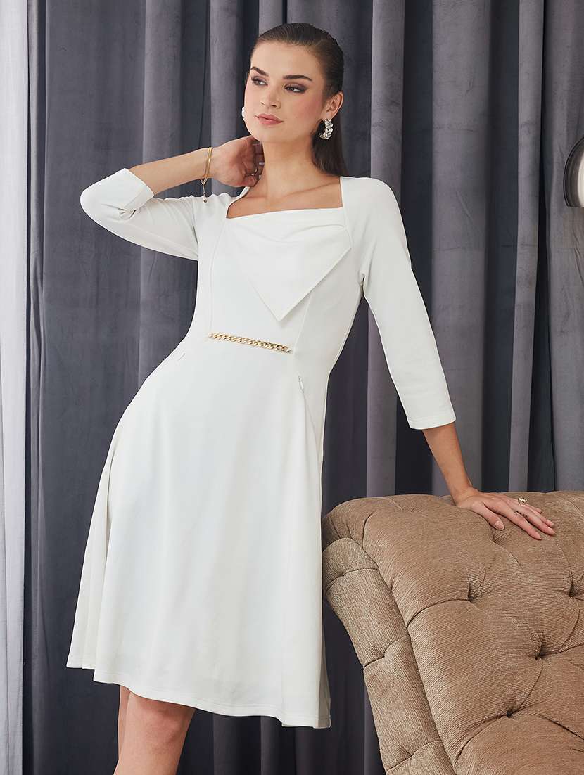 women white solid three quarter sleeve a-line dress - 22363851 -  Standard Image - 1