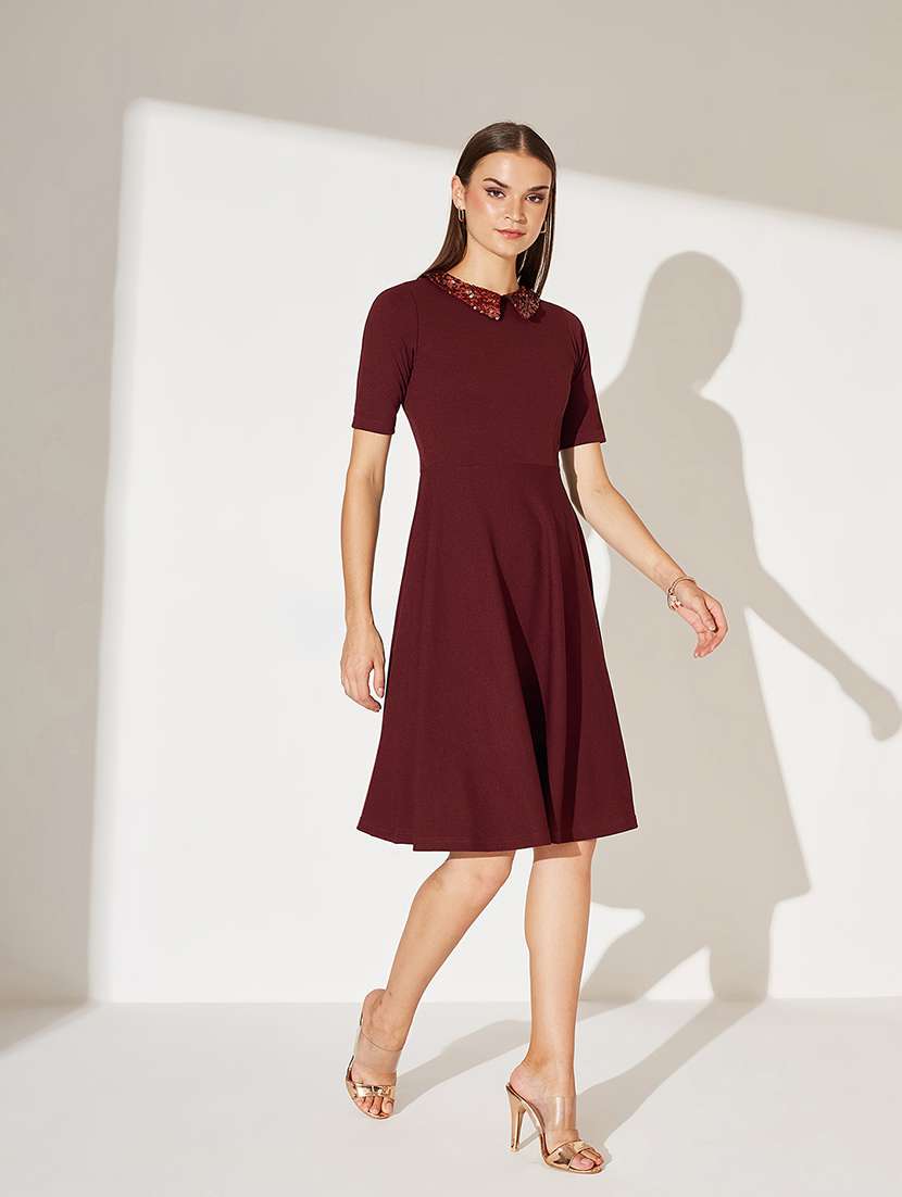 women solid short sleeve fit & flare dress - 22363857 -  Standard Image - 1