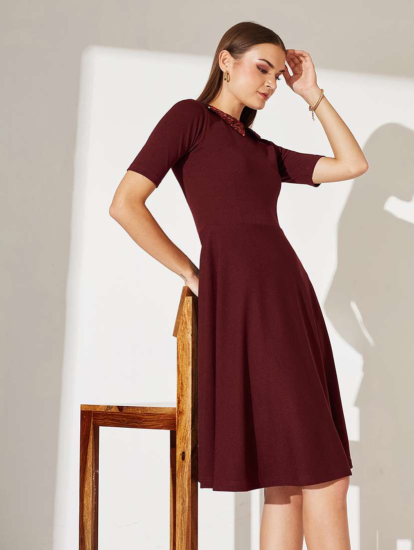 women solid short sleeve fit & flare dress - 22363857 -  Standard Image - 4