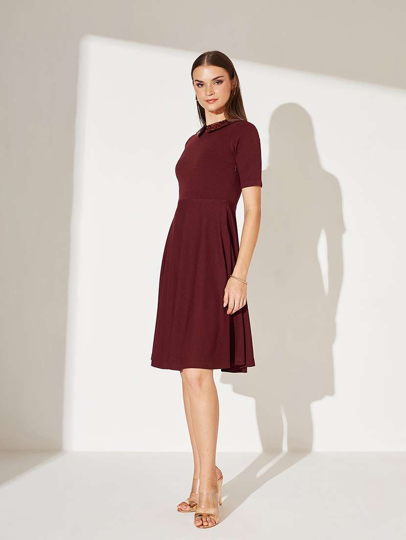 women solid short sleeve collared fit & flare dress - 22363863 -  Standard Image - 1